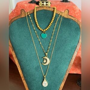 18k GF Gold Layer Necklace Set w/ Pear & Moon Pendants; Star Ring; HeartBracelet